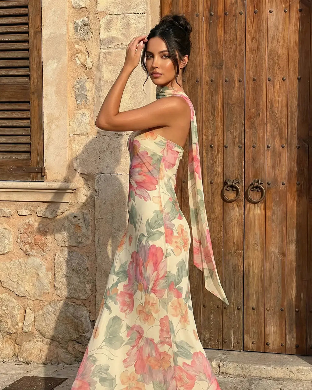 Apricot Floral Print Chiffon Strapless Maxi Vacation Dress SOLACE