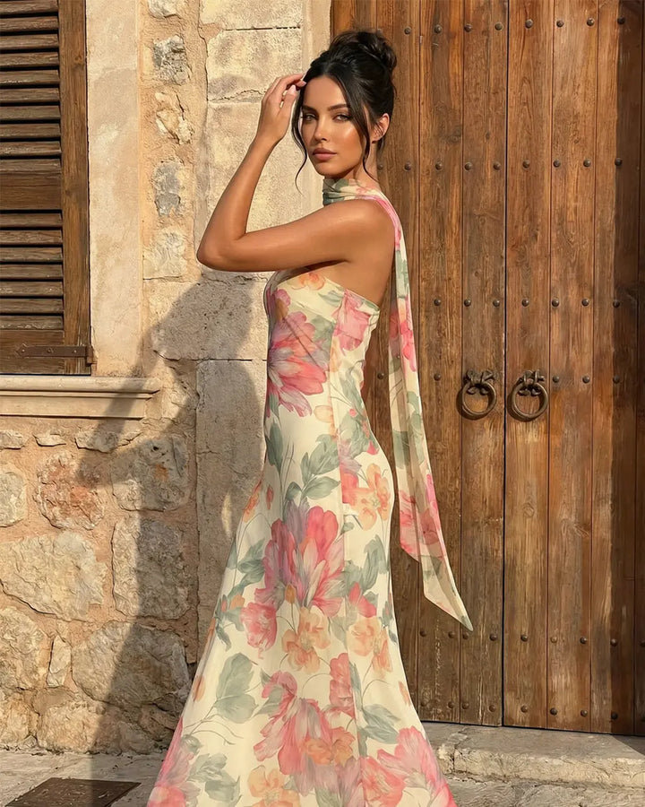 Apricot Floral Print Chiffon Strapless Maxi Vacation Dress SOLACE