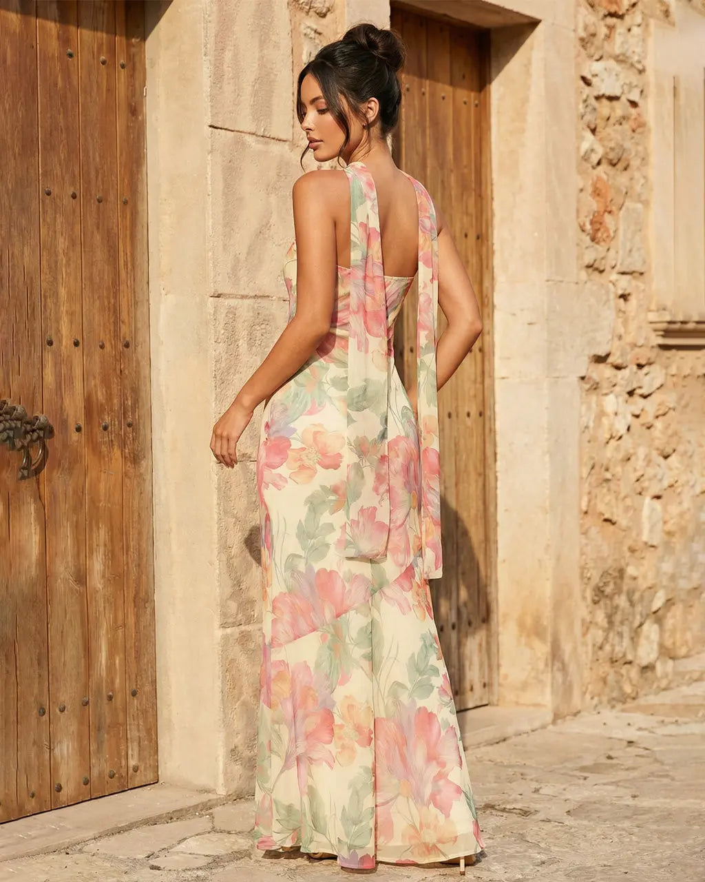 Apricot Floral Print Chiffon Strapless Maxi Vacation Dress SOLACE