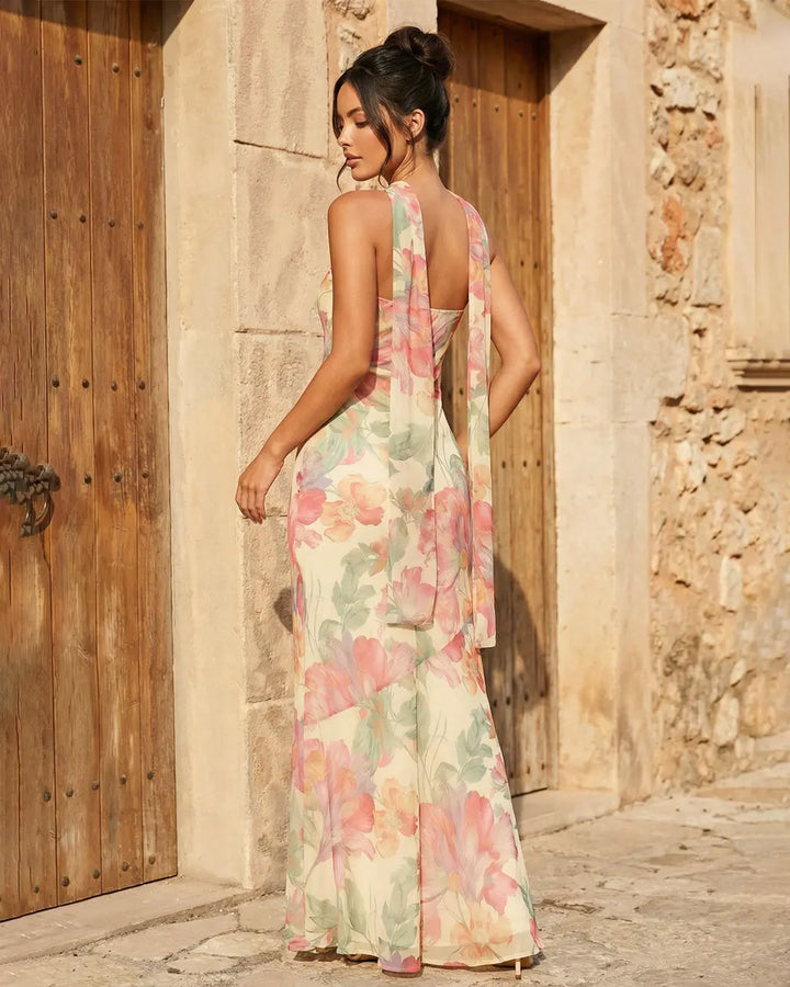 Apricot Floral Print Chiffon Strapless Maxi Vacation Dress SOLACE
