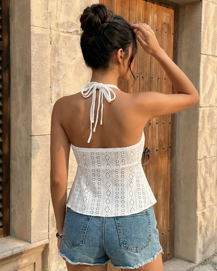 Sexy White Halter Backless Eyelet Lace Crop Top