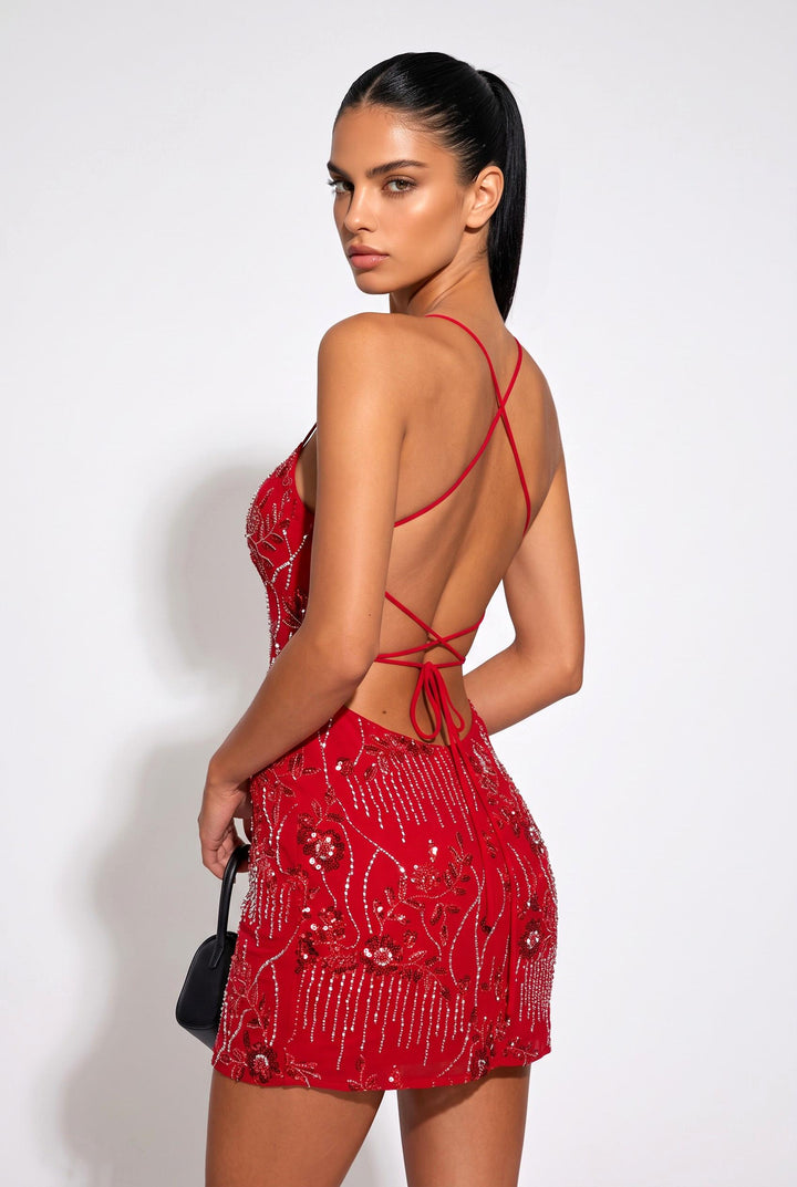 SOLACERed Beaded Floral Embroidery Spaghetti Strap Bodycon Mini Dress