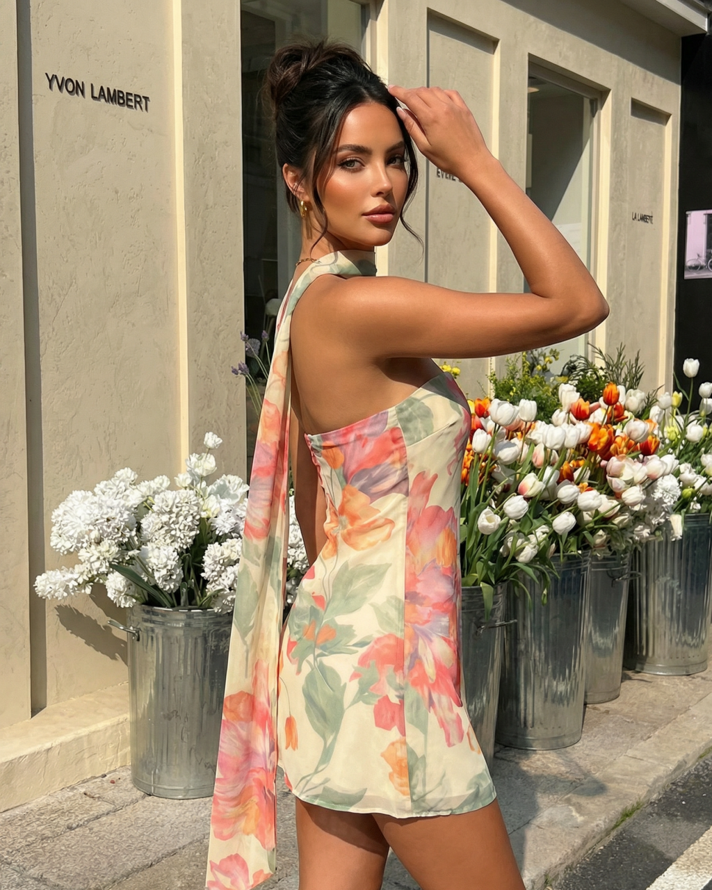 SOLACE  Cream Floral Print Halter Neck Strapless Bodycon Mini Dress 