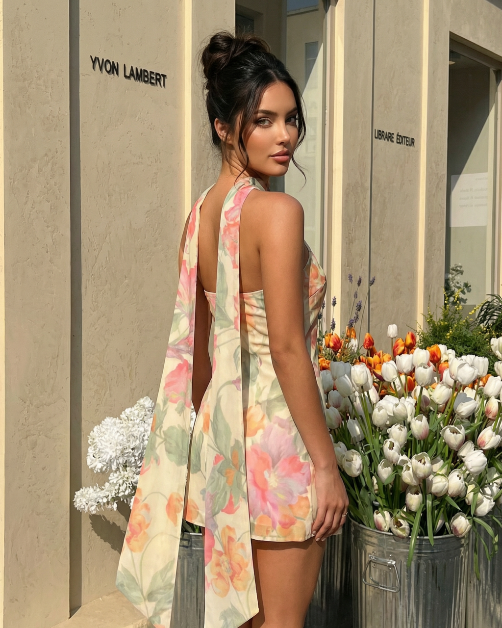 SOLACE  Cream Floral Print Halter Neck Strapless Bodycon Mini Dress 
