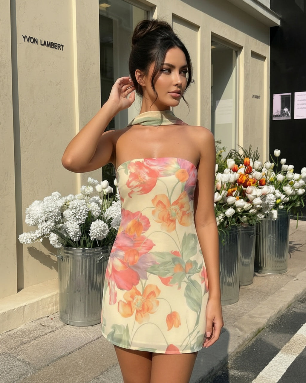 SOLACE  Cream Floral Print Halter Neck Strapless Bodycon Mini Dress 