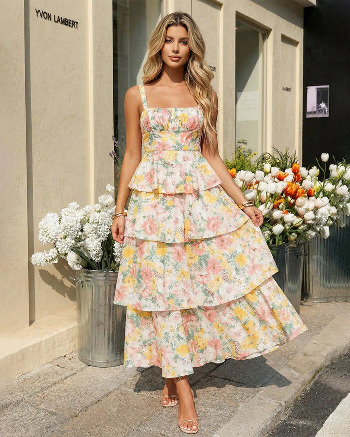 SOLACE  Multicolor Floral Sleeveless Tiered Ruffle Slim Fit Spaghetti Strap Maxi Dress 