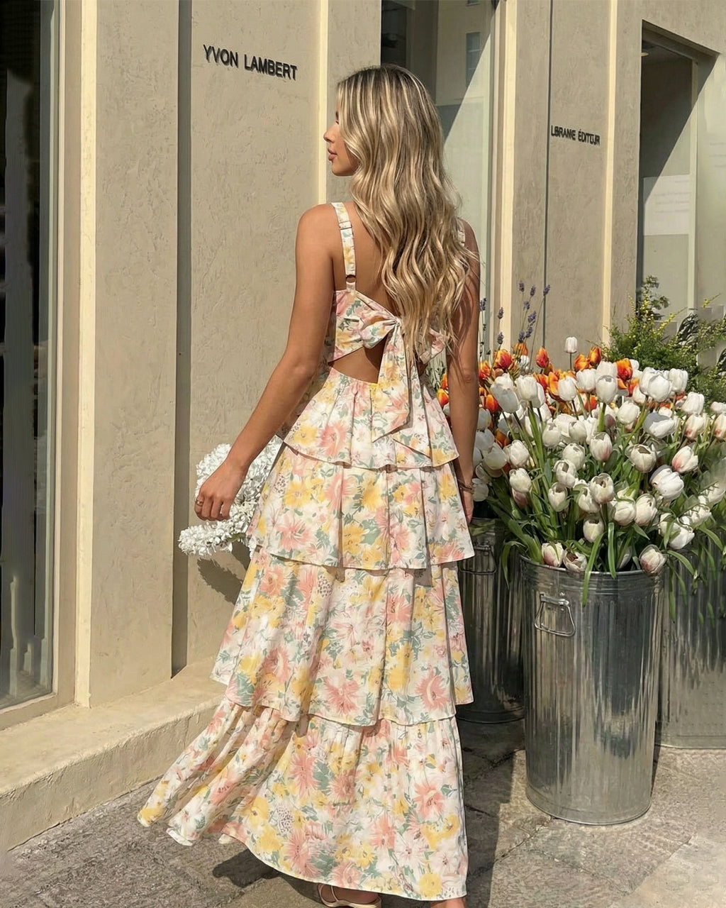SOLACE  Multicolor Floral Sleeveless Tiered Ruffle Slim Fit Spaghetti Strap Maxi Dress 