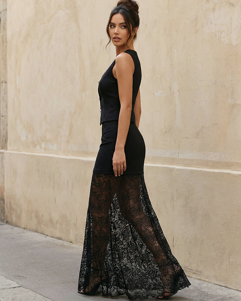 Black Buttoned Vest Sheer Lace Skirt Evening Set