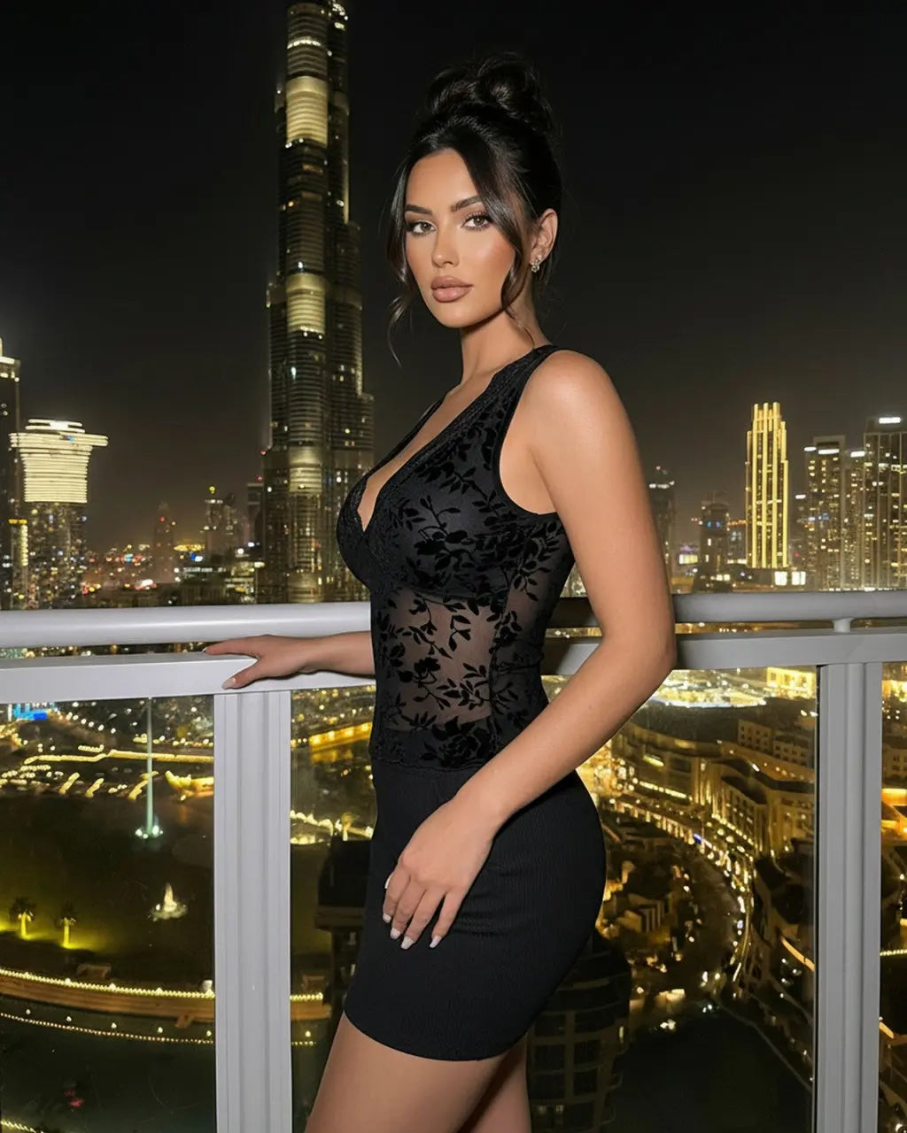 Black V Neck Sheer Mesh Floral Lace Sleeveless Cropped Top SOLACE