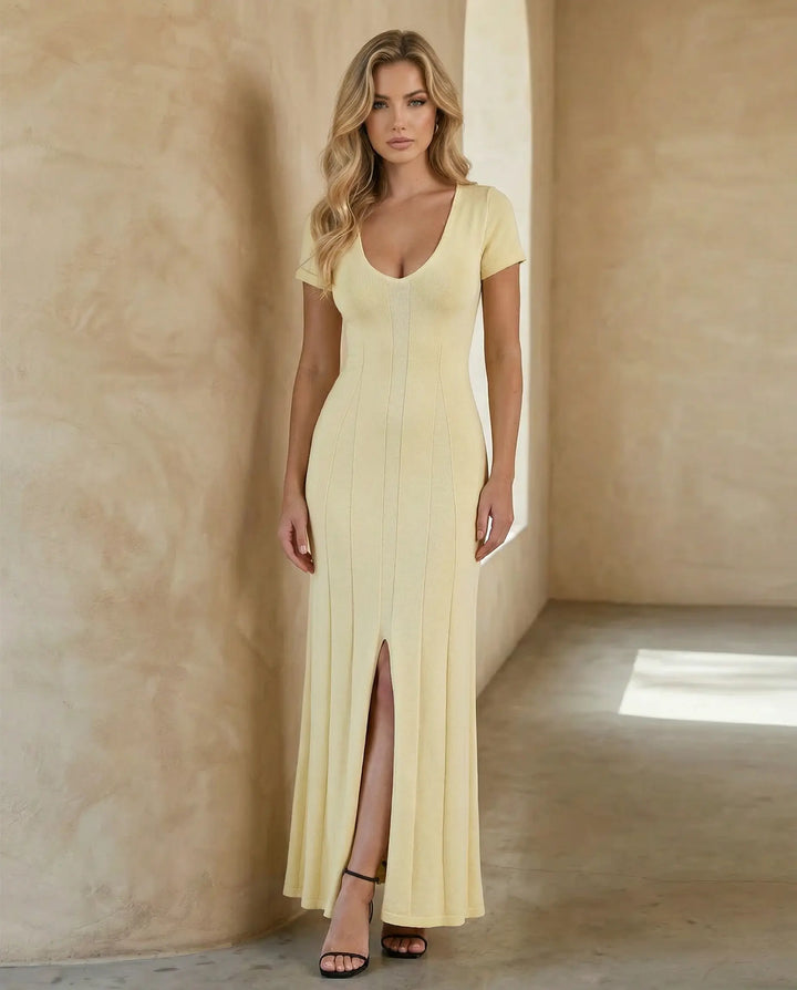 SOLACE  Yellow Deep V Neck Short Sleeve Split Maxi Dress 