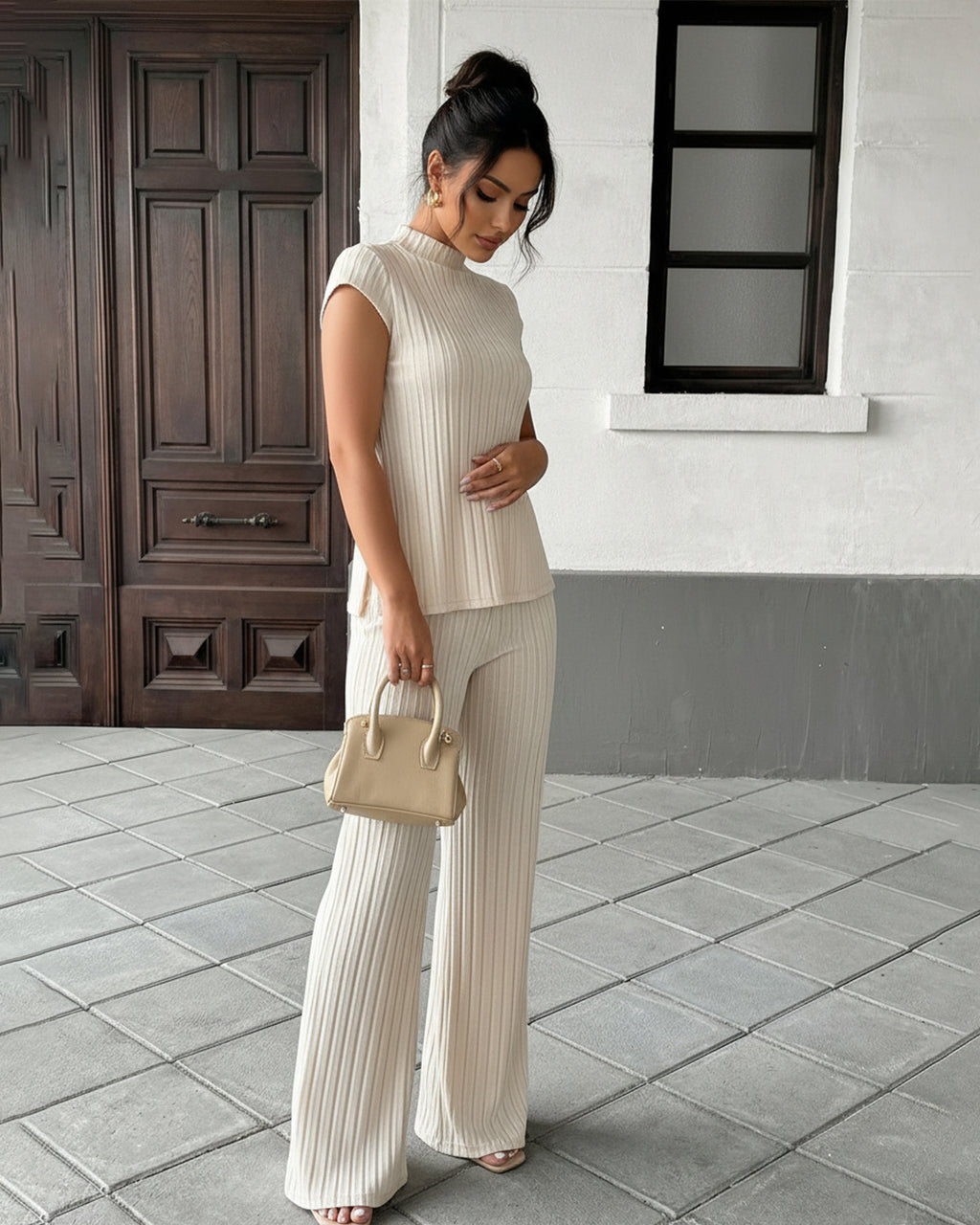Beige Pleated Relaxed Sleeveless Top Wide Leg Pants Set