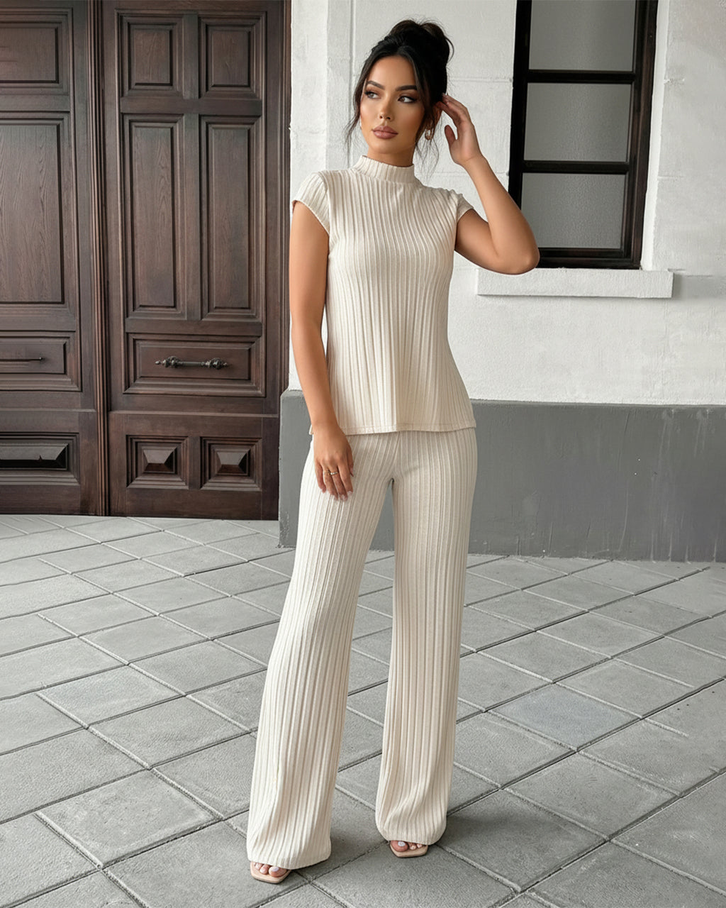 Beige Pleated Relaxed Sleeveless Top Wide Leg Pants Set