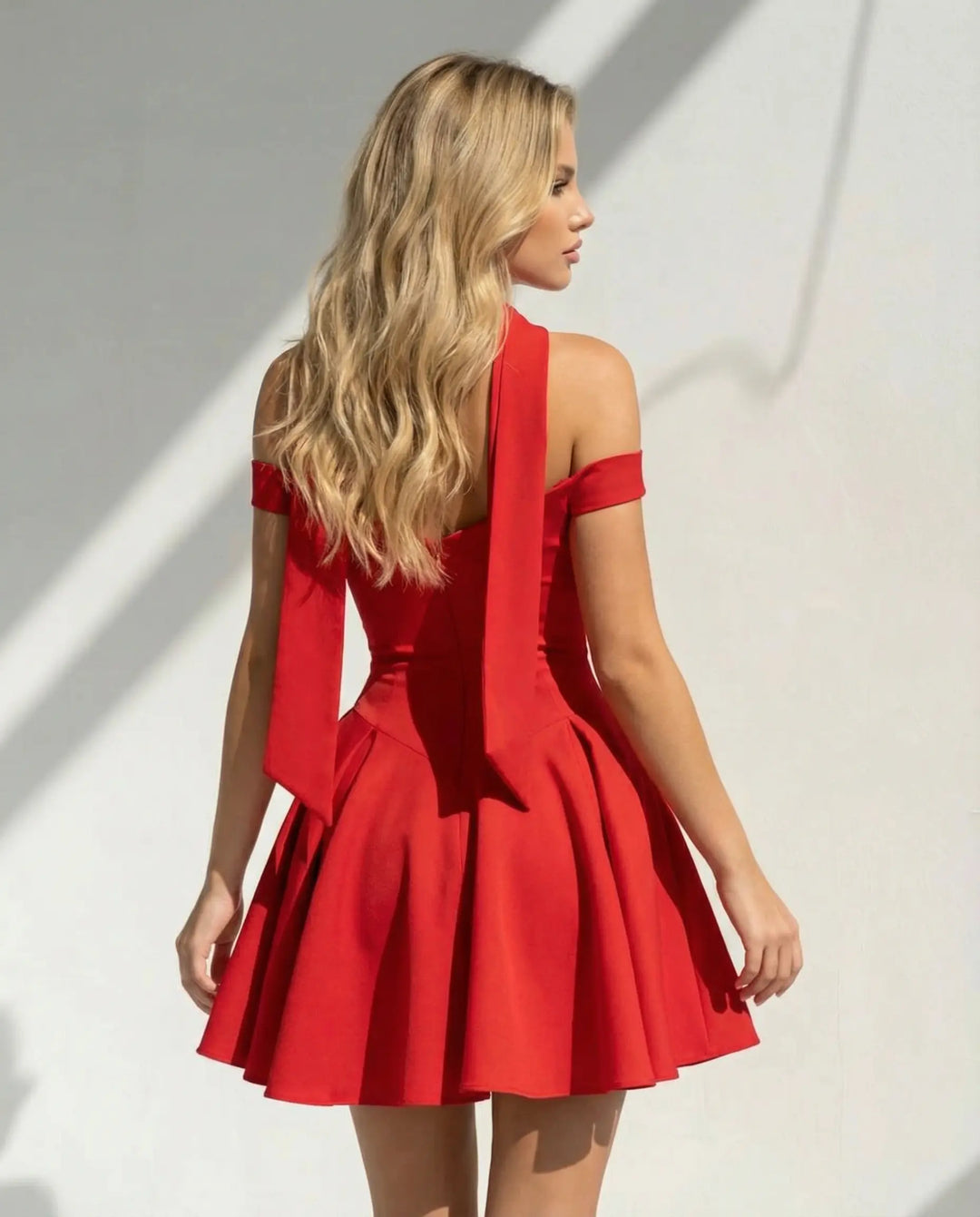SOLACE  Red Party Choker Neck Fitted Flare Mini Dress 