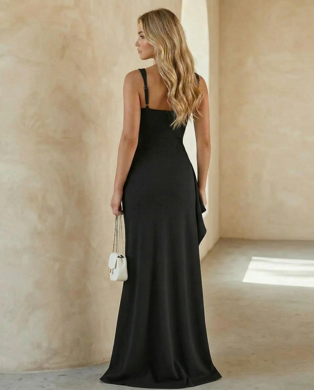 SOLACE  Black Square Neck Ruched High Slit Ruffle Maxi Dress 