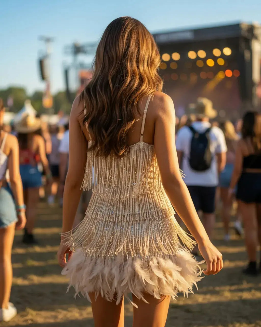 SOLACE Champagne Fringe Feather Trim Spaghetti Strap Bohemian Festival