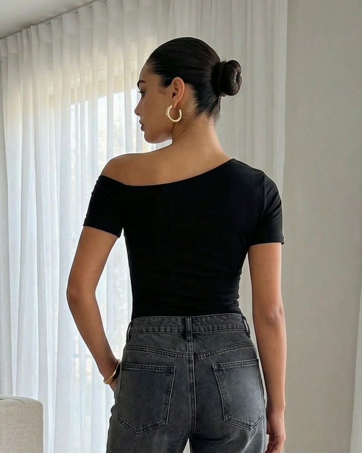 Black Butterfly Brooch Off Shoulder Regular Top