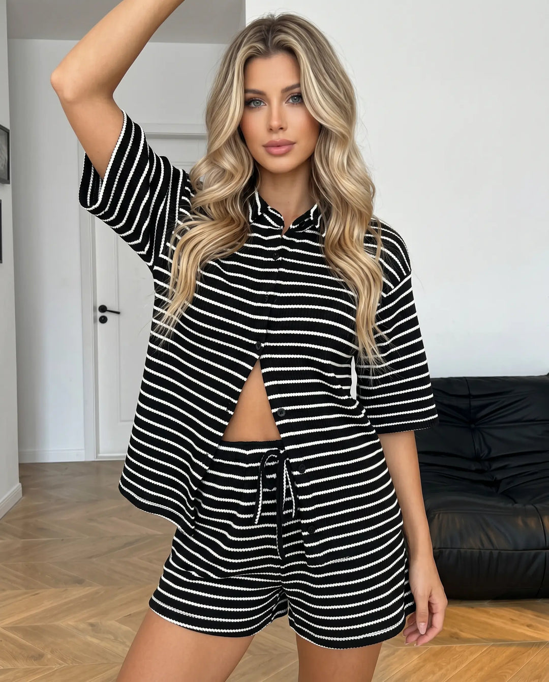 SOLACE  Black White Striped Button Up Shirt and Shorts Set 