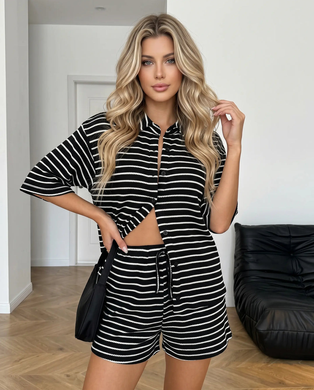 SOLACE  Black White Striped Button Up Shirt and Shorts Set 