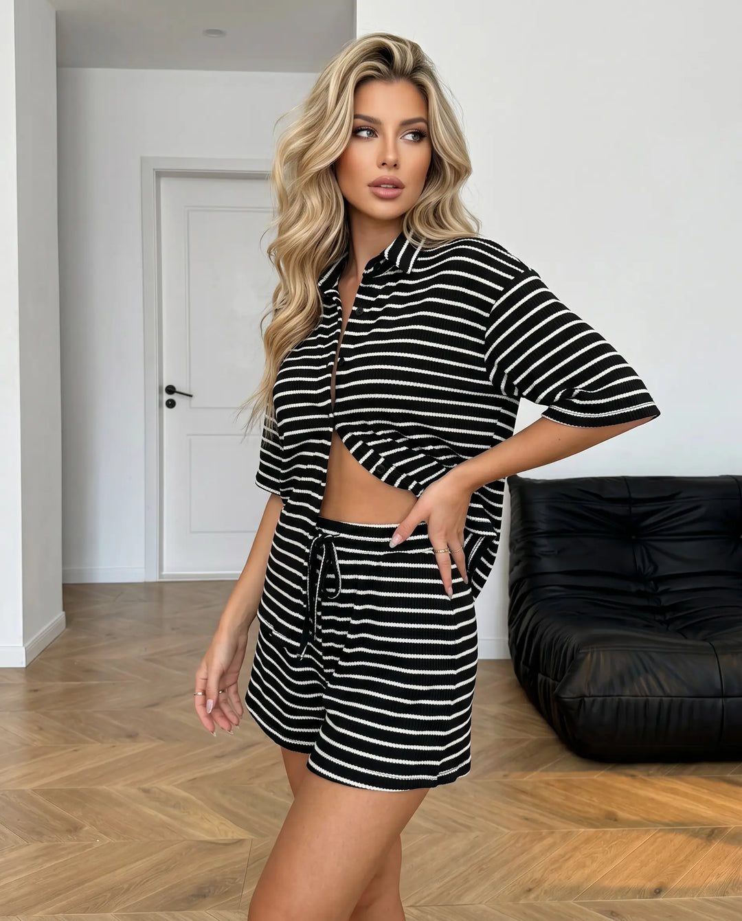 SOLACE  Black White Striped Button Up Shirt and Shorts Set 