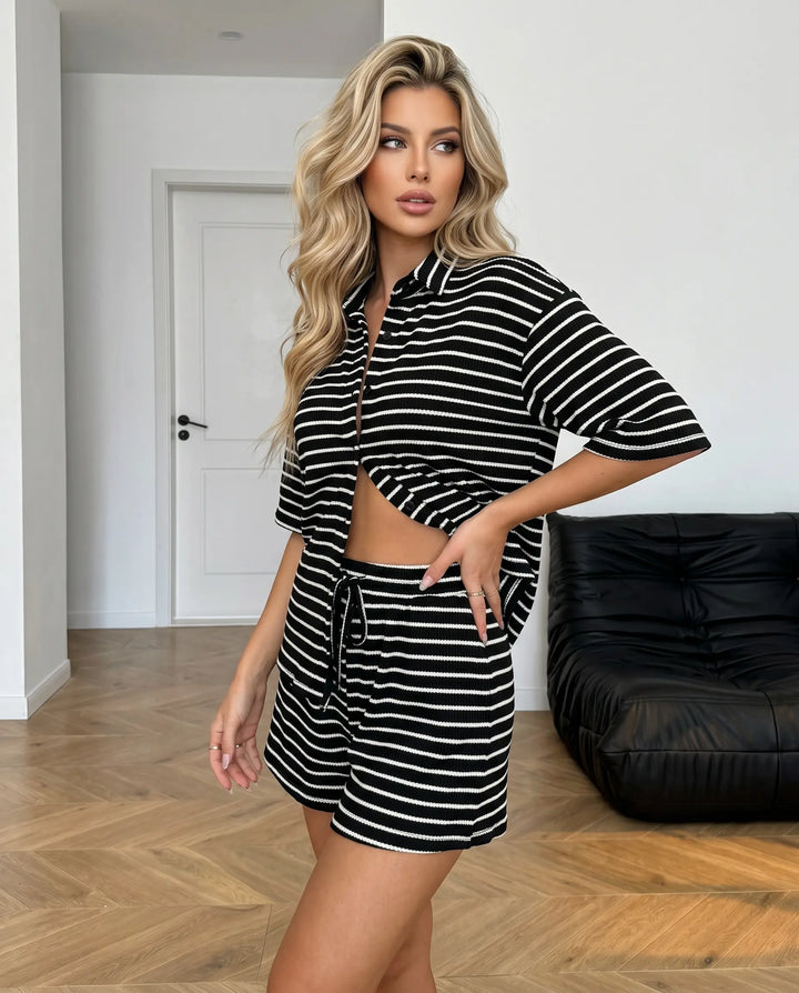 SOLACE  Black White Striped Button Up Shirt and Shorts Set 