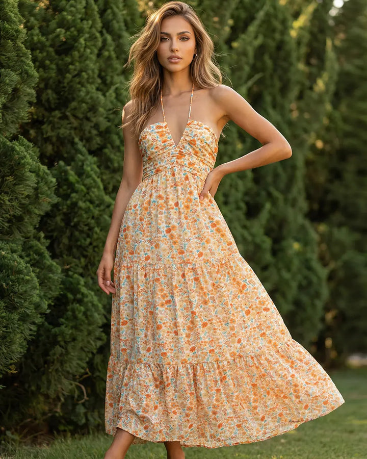 Orange Floral Print Halter Neck Ruched Tiered Midi Summer Dress SOLACE