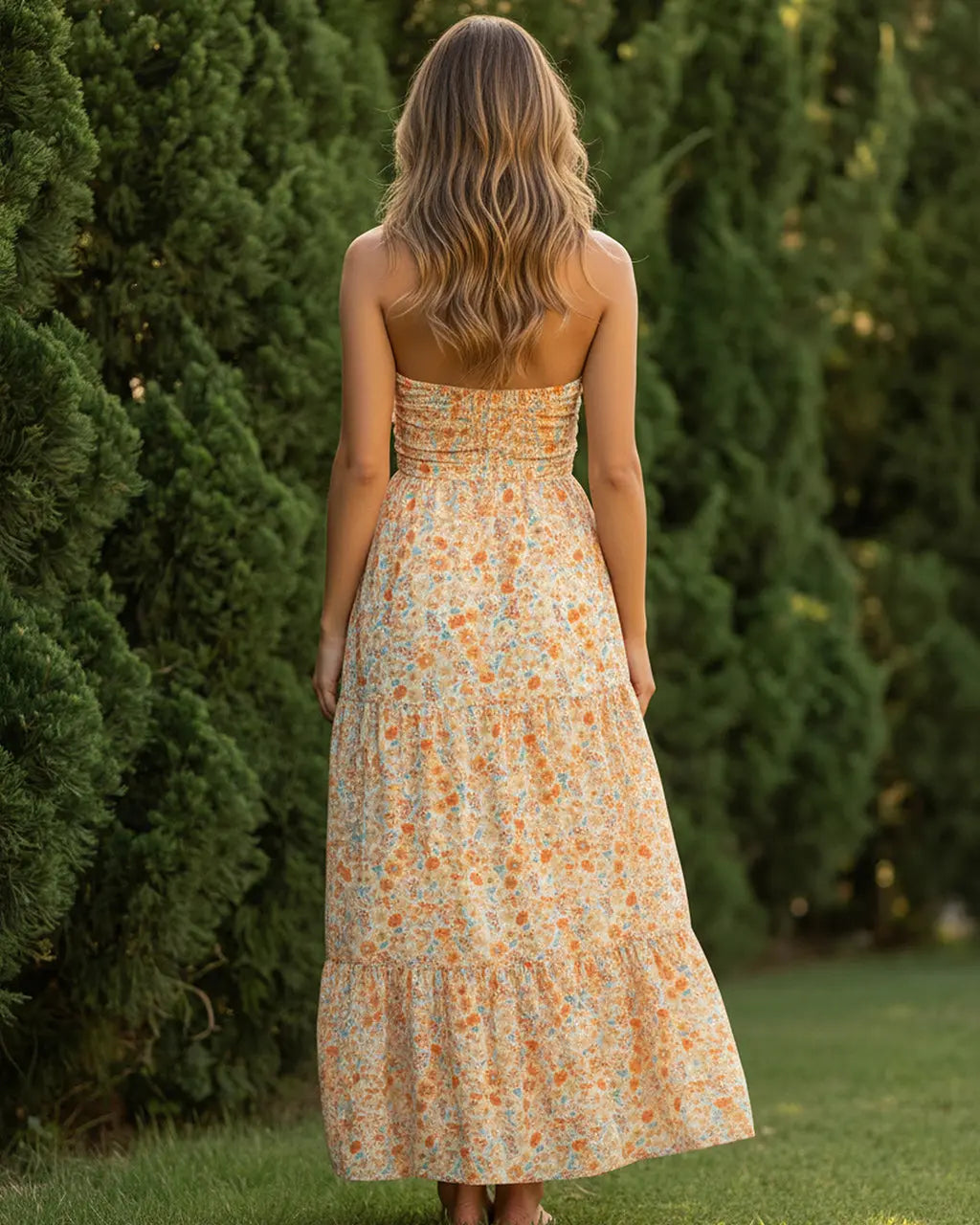Orange Floral Print Halter Neck Ruched Tiered Midi Summer Dress SOLACE