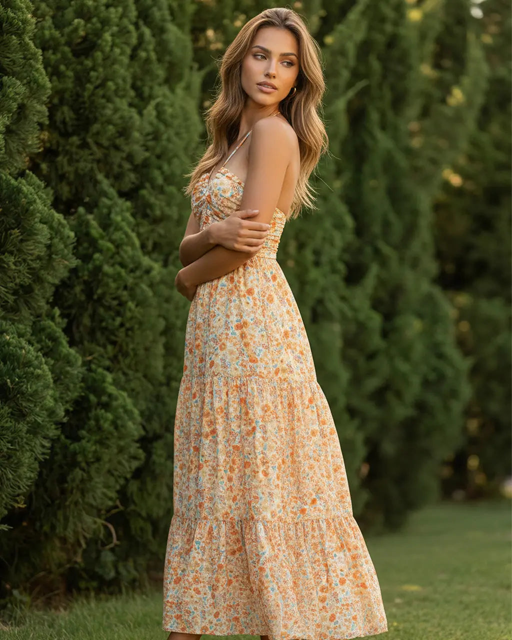 Orange Floral Print Halter Neck Ruched Tiered Midi Summer Dress SOLACE
