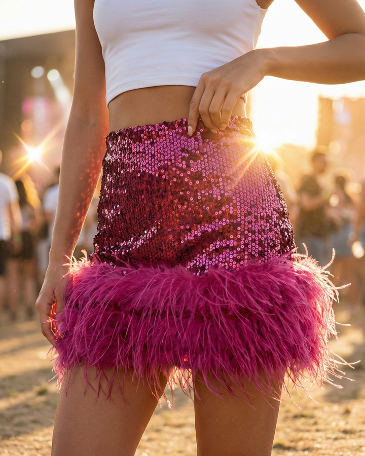 Hot Pink Ombre Sequin Feather Trim High-Waisted Bodycon Mini Skirt
