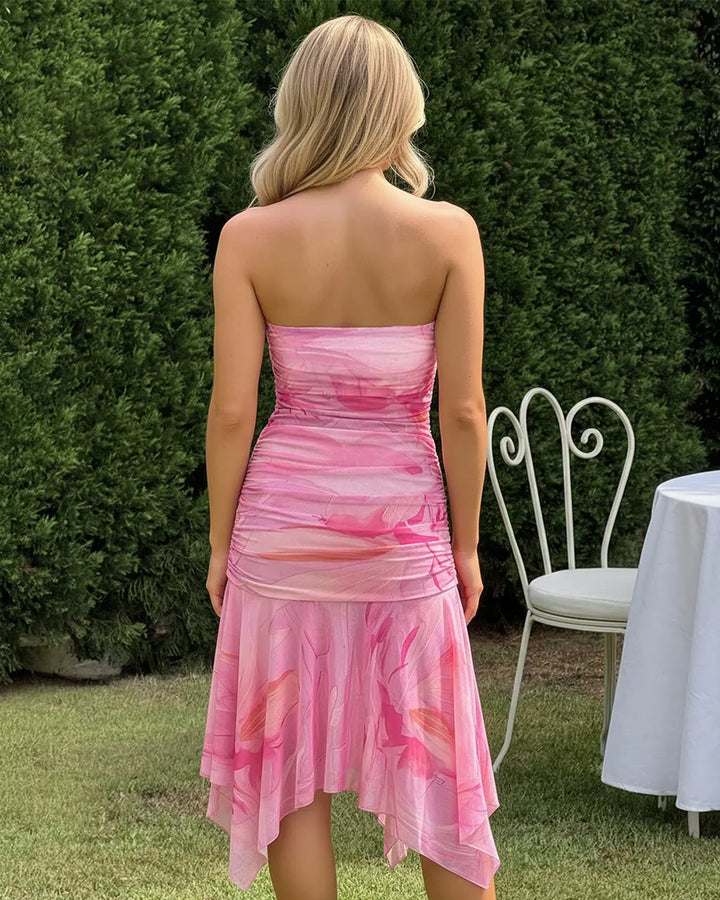 Pink Marble Print Strapless Ruched Asymmetrical Ruffle Midi Dress SOLACE