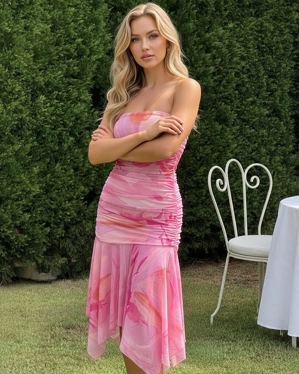 Pink Marble Print Strapless Ruched Asymmetrical Ruffle Midi Dress SOLACE