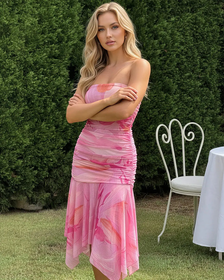 Pink Marble Print Strapless Ruched Asymmetrical Ruffle Midi Dress SOLACE