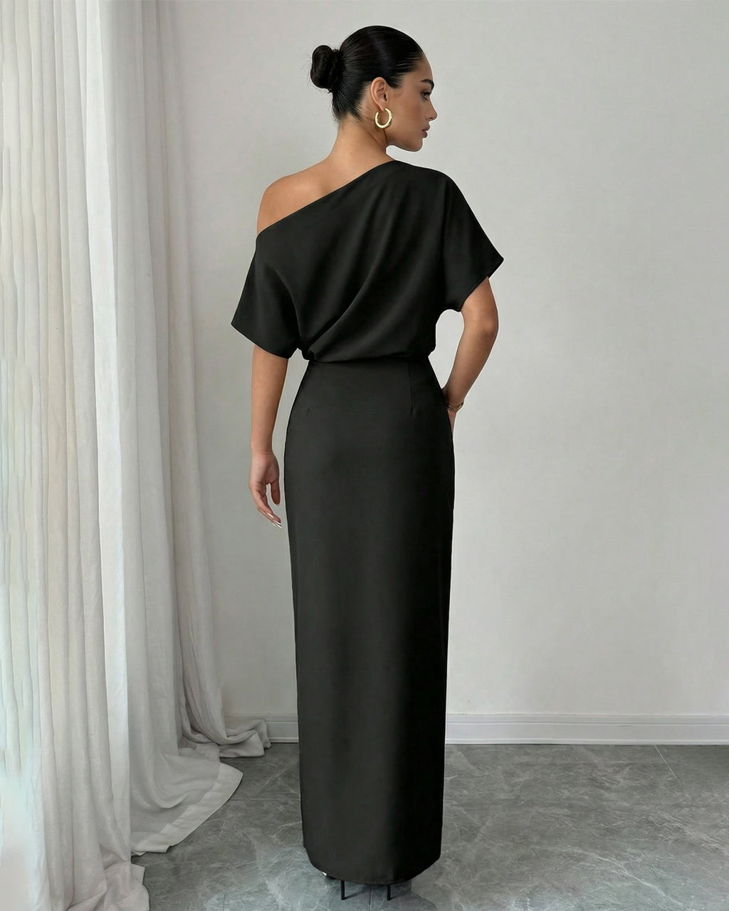 Elegant Black One Shoulder Ruched  Gold Buckle Midi Dress