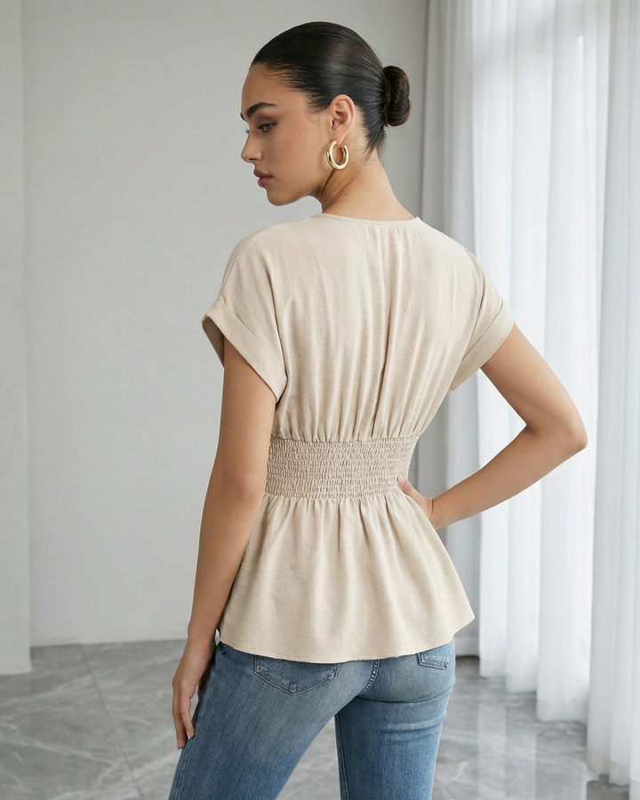 Beige  V-Neck Short Sleeve Smocked Waist Blouse