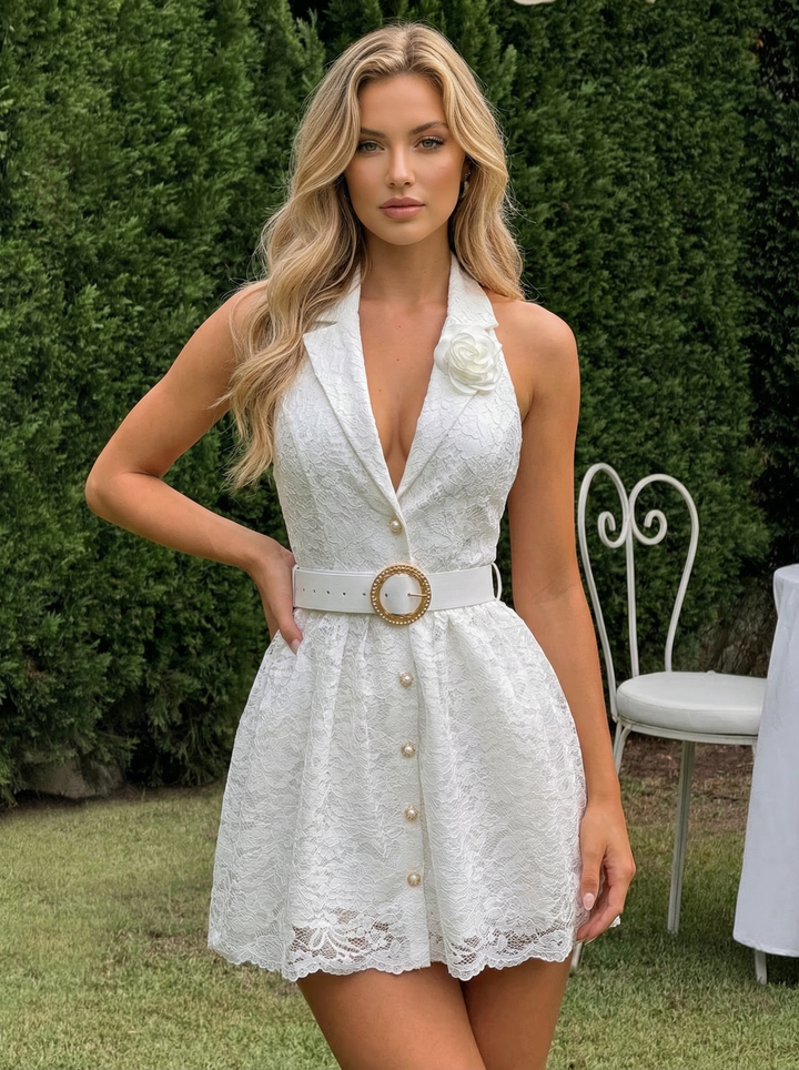 White Halter Lace Blazer Collar Mini Evening Dress