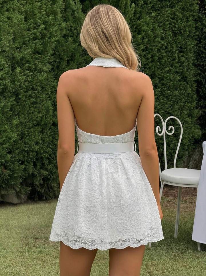 White Halter Lace Blazer Collar Mini Evening Dress