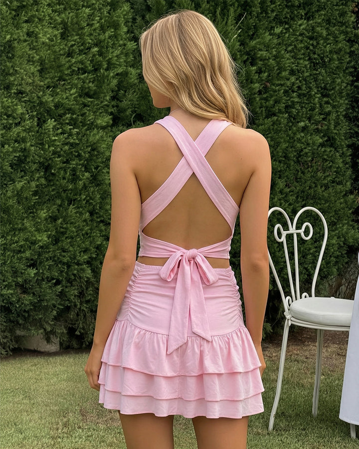 Pink Halter Cowl Neck Ruffled Mini Skirt Summer Set