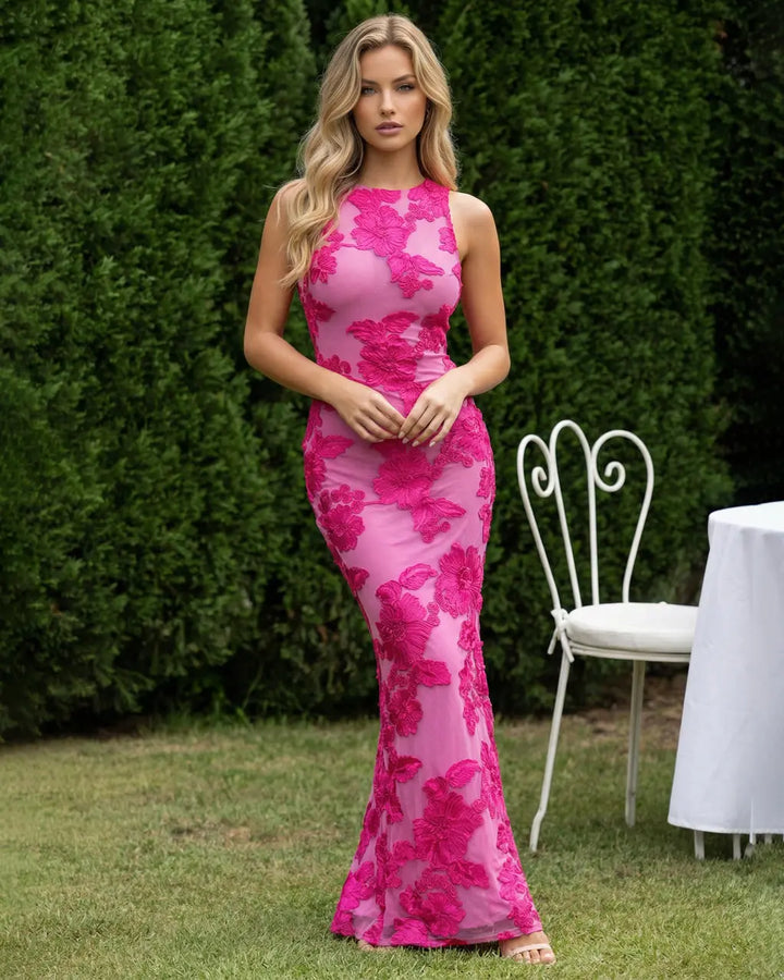 Fuchsia Floral Embroidered Spandex Bodycon Maxi Dress SOLACE