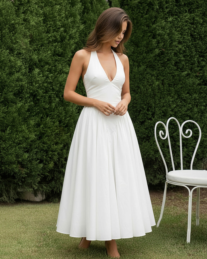 White Halter Deep V Backless Stretchy Midi Daily Casual Dress
