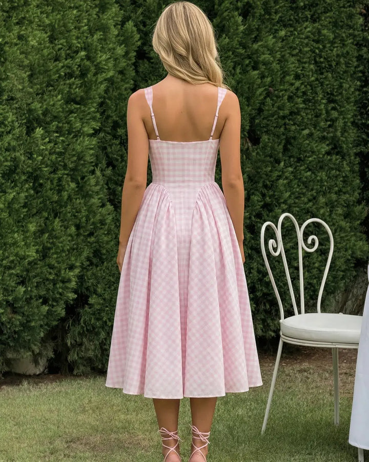 Pink Sweet Gingham Print Square Neck Stretchy Midi Daily Casual Dress SOLACE