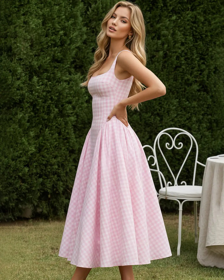 Pink Sweet Gingham Print Square Neck Stretchy Midi Daily Casual Dress SOLACE