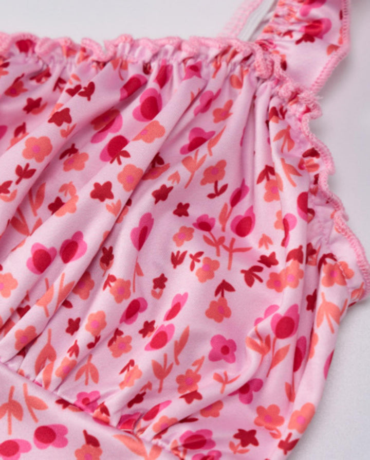 Pink Floral Ruffled Strap U-Neck Stretchy Midi Daily Casual Dress
