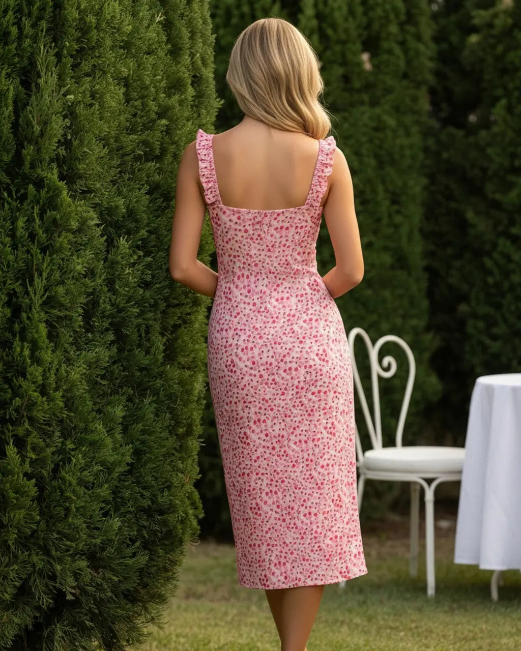 Pink Floral Ruffled Strap U-Neck Stretchy Midi Daily Casual Dress SOLACE