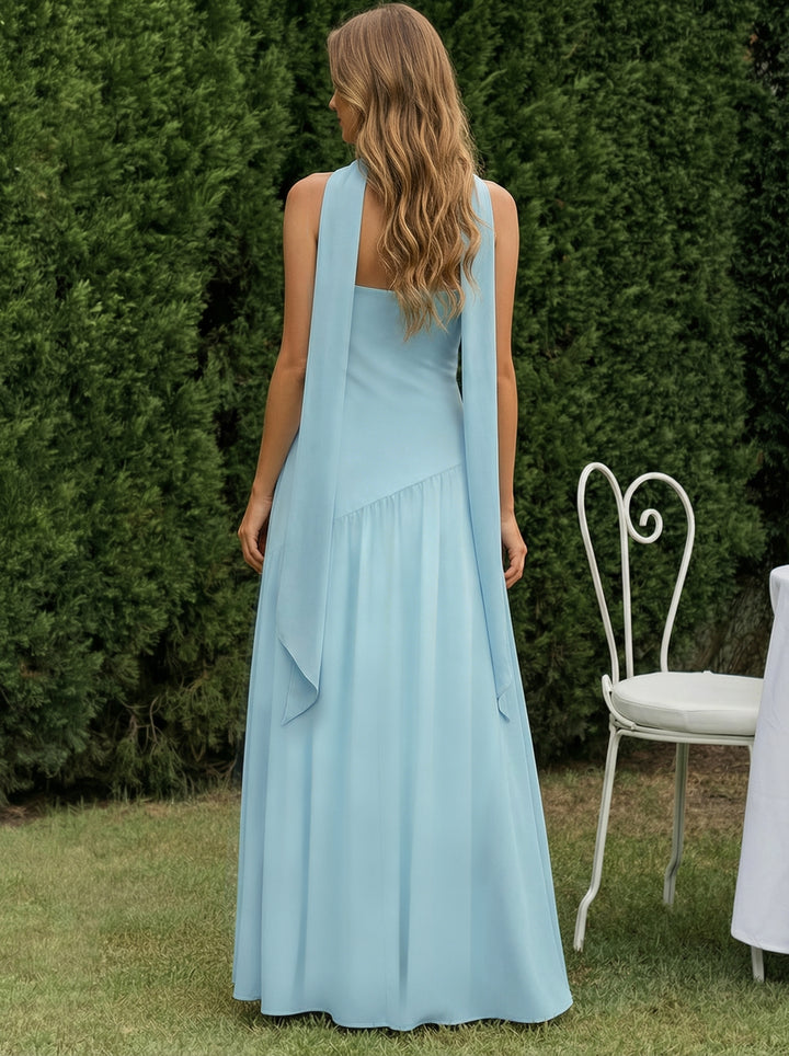 Light Blue Choker Strapless High Slit Stretchy Polyester Maxi Dress
