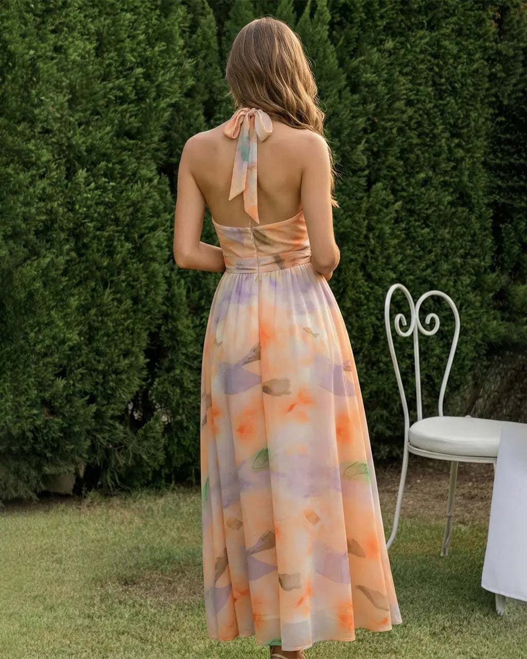 Orange Watercolor Print Halter Neck Chiffon Midi Daily Casual Dress SOLACE