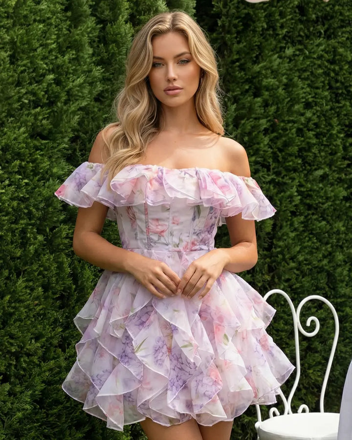 Pink Floral Off Shoulder Ruffled Organza Mini Dress SOLACE