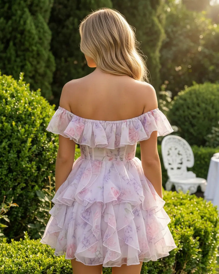 Pink Floral Off Shoulder Ruffled Organza Mini Dress SOLACE