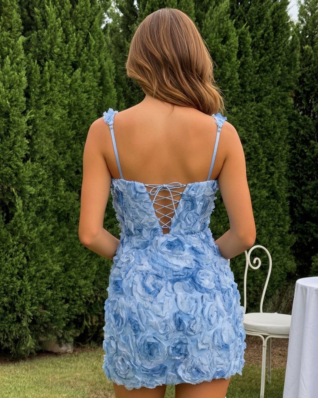 Sky Blue Floral Applique Square Neck Bodycon Mini Dress