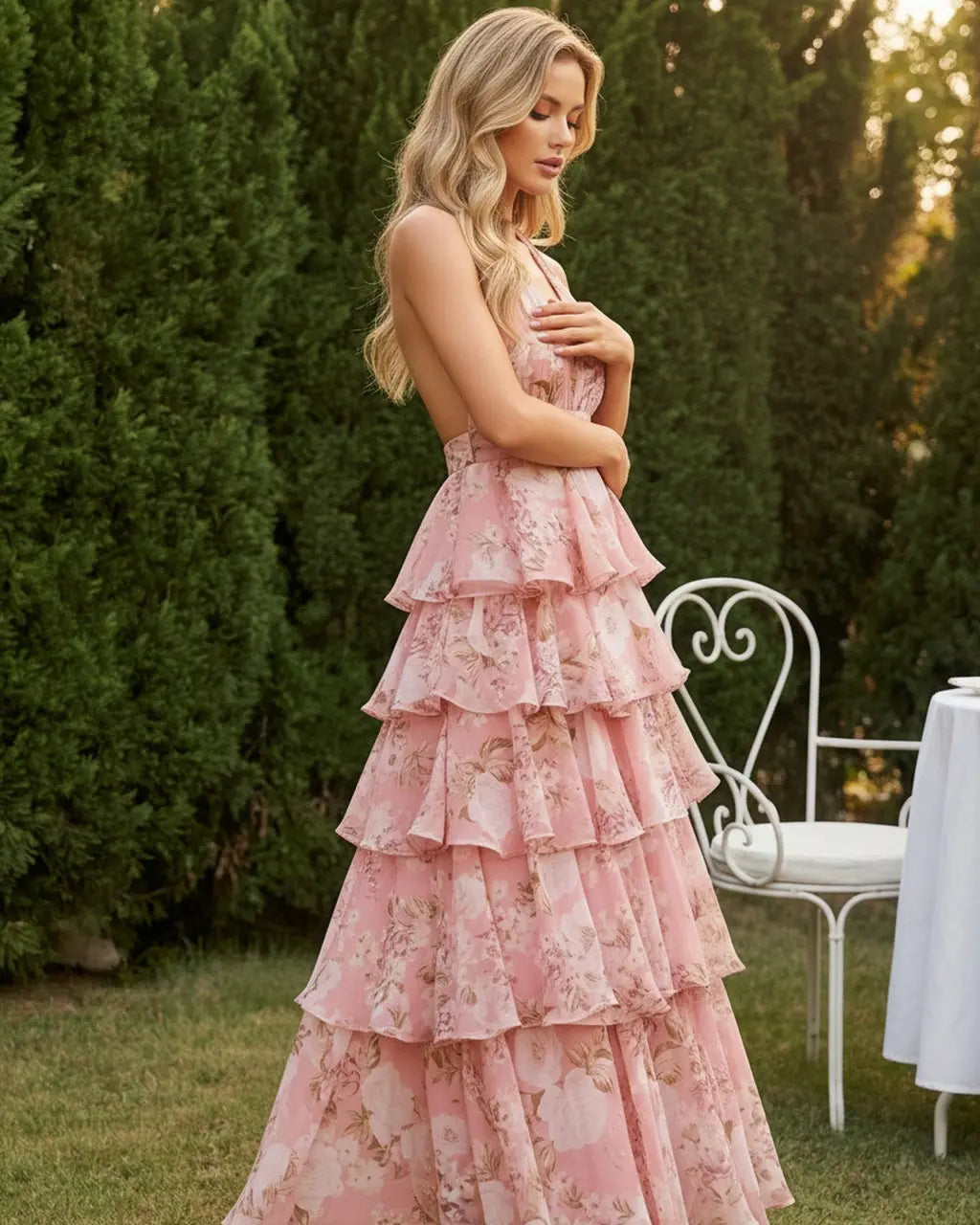 Pink Floral Print Halter Neck Deep V Tiered Ruffle Maxi Dress SOLACE