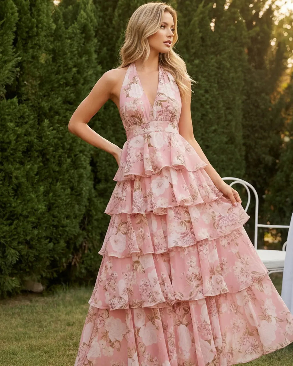 Pink Floral Print Halter Neck Deep V Tiered Ruffle Maxi Dress SOLACE