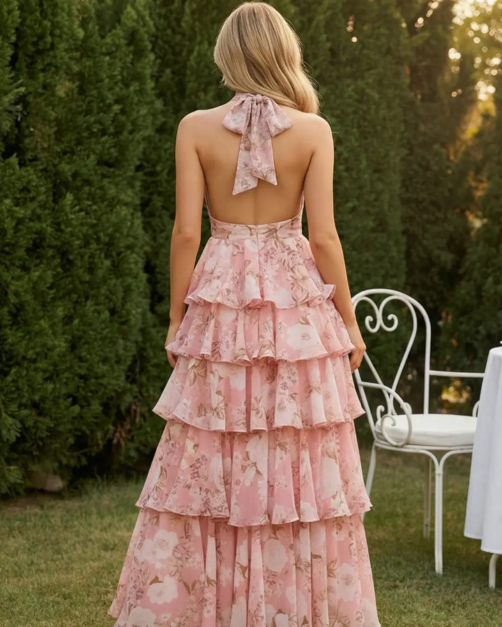 Pink Floral Print Halter Neck Deep V Tiered Ruffle Maxi Dress SOLACE